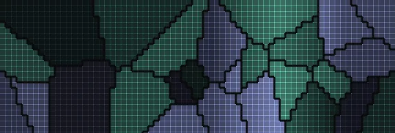 Stained glass visualizer scene: glowing leaded-glass panes in green and violet.